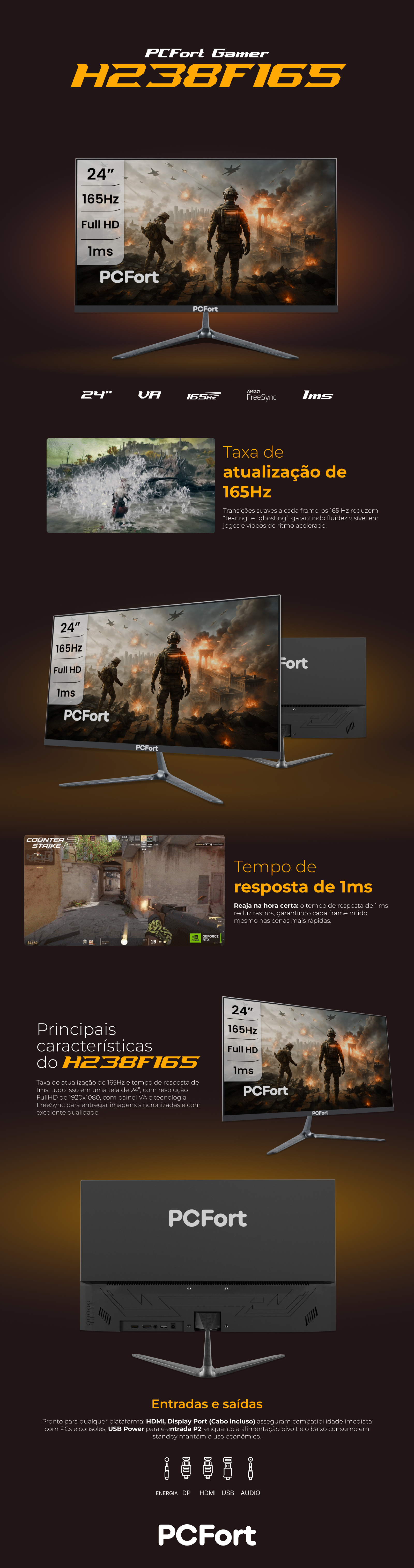 Monitor Gamer PCFort H238F165 24'' Full HD 165Hz com FreeSync